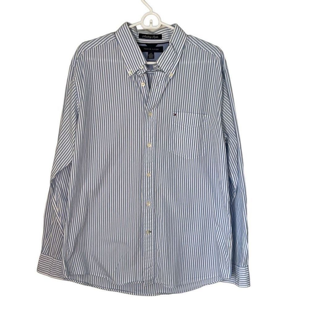 Tommy Hilfiger Academy Poplin Mens Button Down Shirt Size Large Blue Striped